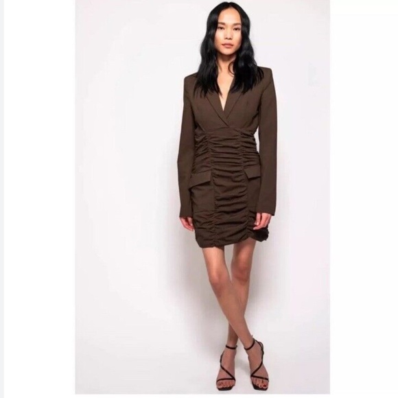 Zara Ruched Blazer Short Dress Dark Brown Shoulder Pads - Picture 1 of 7